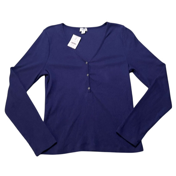 NWT J.Crew Factory Navy Ribbed V-Neck Henley Long Sleeve Top Size M - Picture 2 of 5